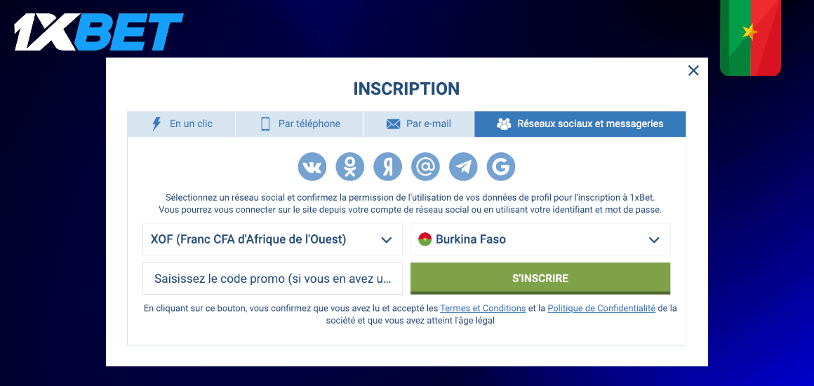 Inscription à 1xBet via les réseaux sociaux