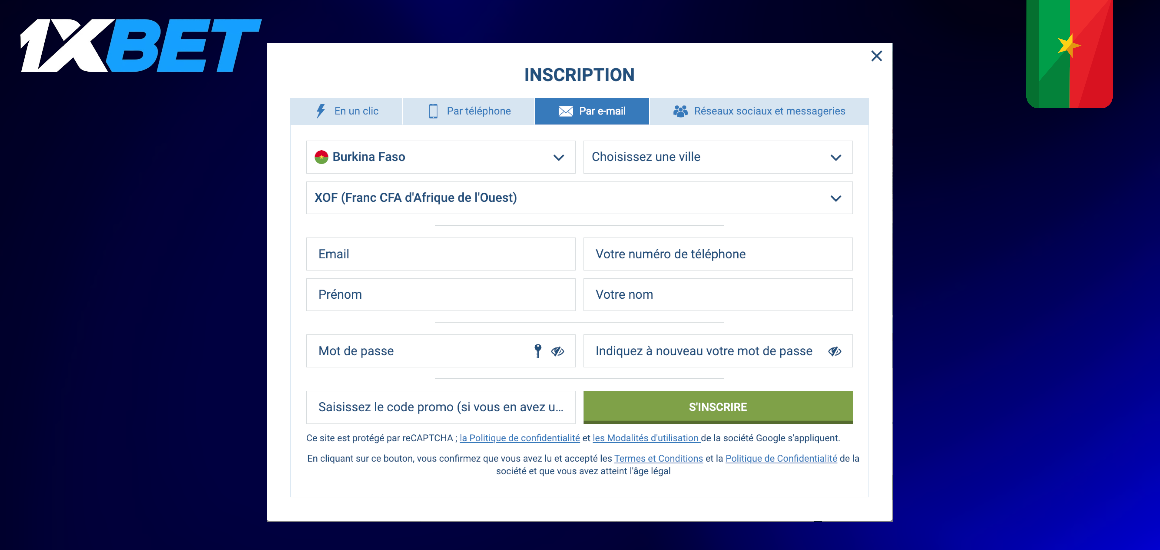 Inscription à 1xBet par email